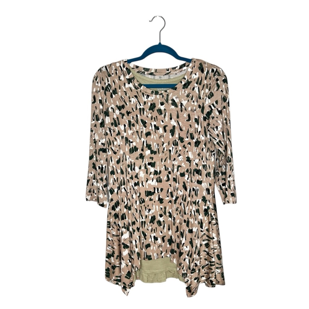 LOGO Lori Goldstein Tan Printed Double Layer Asymmetrical Hem Blouse Size XS